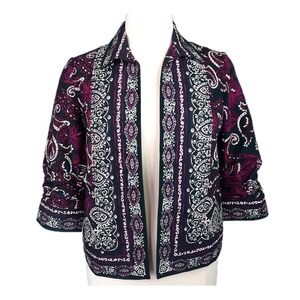 Coldwater Creek Paisley Jacket Womens 16 Blue Pink Open Front Artsy Boho Career